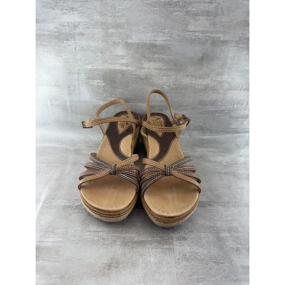 Clarks Artisan Tan Brown Leather Strappy Espadrille Wedge Sandals Women Sz 6.5M
